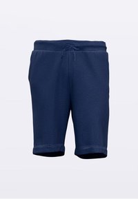Shorts in felpa blu navy con risvolti, realizzati in tessuto morbido, dotati di vita elasticizzata e coulisse per una vestibilità regolabile.