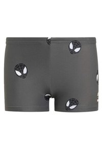 Shorts da nuoto grigi realizzati in materiale elastico, con maschere nere di Spider-Man stampate in tutta la superficie. Senza fodera; cintura elastica.