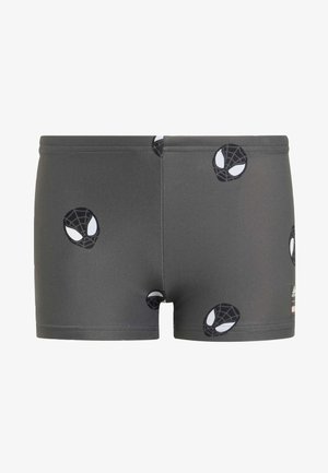 Shorts da nuoto grigi realizzati in materiale elastico, con maschere nere di Spider-Man stampate in tutta la superficie. Senza fodera; cintura elastica.