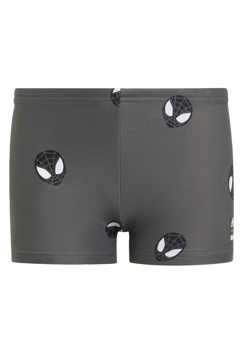 Shorts da nuoto grigi realizzati in materiale elastico, con maschere nere di Spider-Man stampate in tutta la superficie. Senza fodera; cintura elastica.