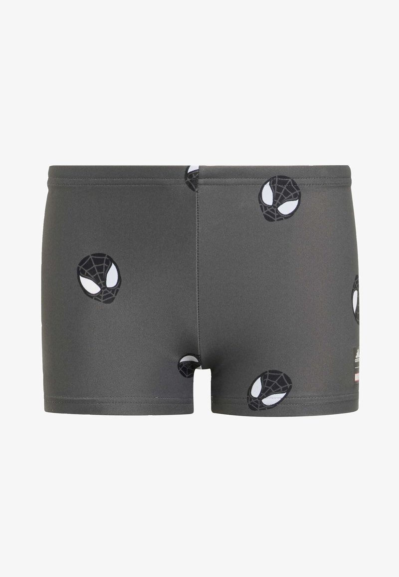 Shorts da nuoto grigi realizzati in materiale elastico, con maschere nere di Spider-Man stampate in tutta la superficie. Senza fodera; cintura elastica.