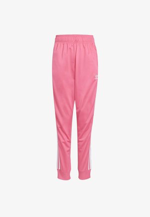 Roze atletske hlače s elastičnim pojasom, sužene nogavice i bijele bočne pruge. Izrađene od glatkog, sjajnog materijala s detaljem logotipa.