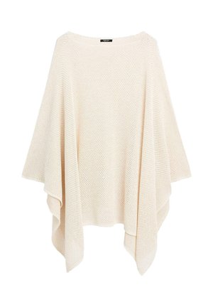 Let i lette, strikkede poncho i blød beige. Har brede ærmer og et åbent design med et tekstureret, åndbart stof.
