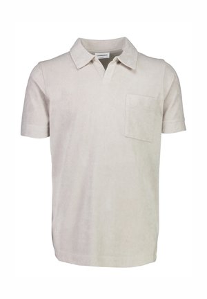 Lys beige kortærmet polo-shirt lavet af blødt stof. Den har en krave, en delvis knaplukning og en brystlomme.