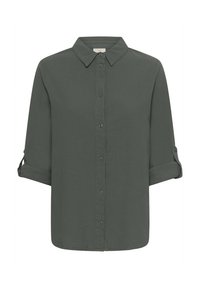 Tmavozelená košeľa s dlhým rukávom a gombíkmi, s golierom, vyhrnutými rukávmi, hladkou textúrou a rovnom lemom. Vyrobená z ľahkej látky.