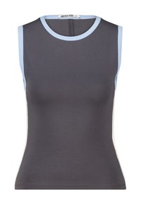 Sleeveless top in dark gray fabric with light blue round neckline and armhole trims. Fitted design, smooth texture, minimal detailing.
