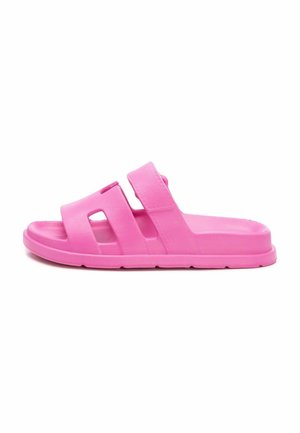 Sandalias de slide rosas hechas de material sintético, con dos correas anchas que presentan detalles recortados y una suela texturizada para mayor agarre.