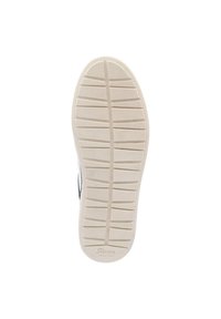 Schuhsohle aus einem cremfarbenen Gummi-Material; verfügt über ein strukturiertes Muster mit Rillen, Logo-Prägung und Größenangabe (42).