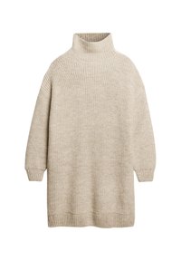 Vestido de punto beige con cuello alto, hombros caídos y puños y dobladillo acanalados, que presenta una superficie suave y texturizada.