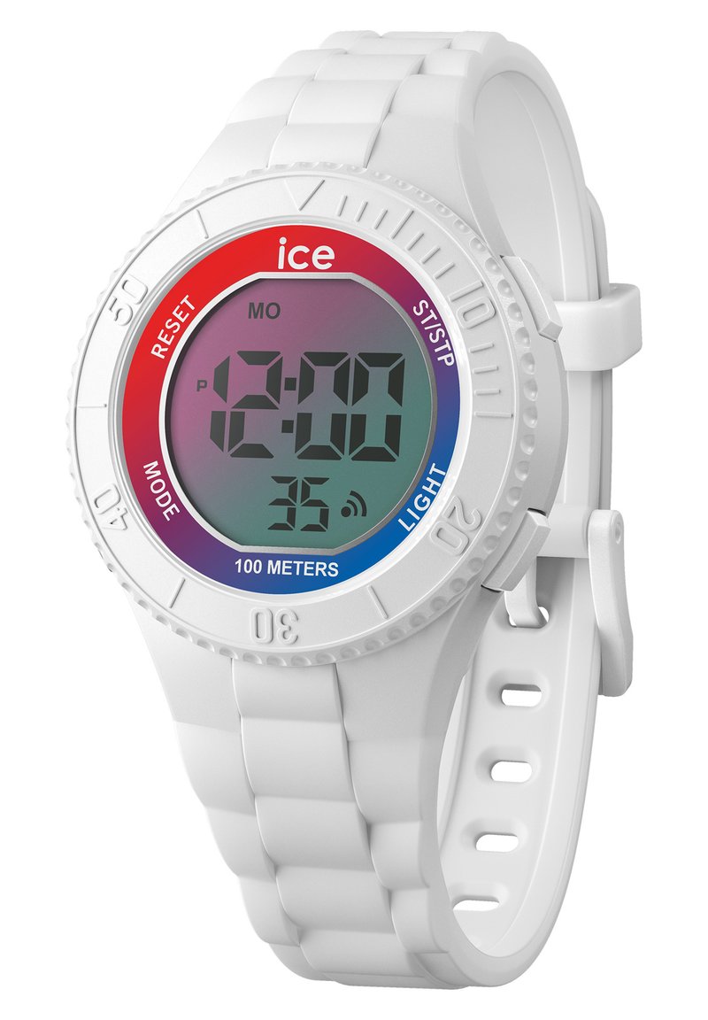 Montre numérique avec un bracelet en caoutchouc blanc, dotée d'un grand écran LCD. La lunette présente un dégradé de rouge à bleu, indiquant une résistance à l'eau.