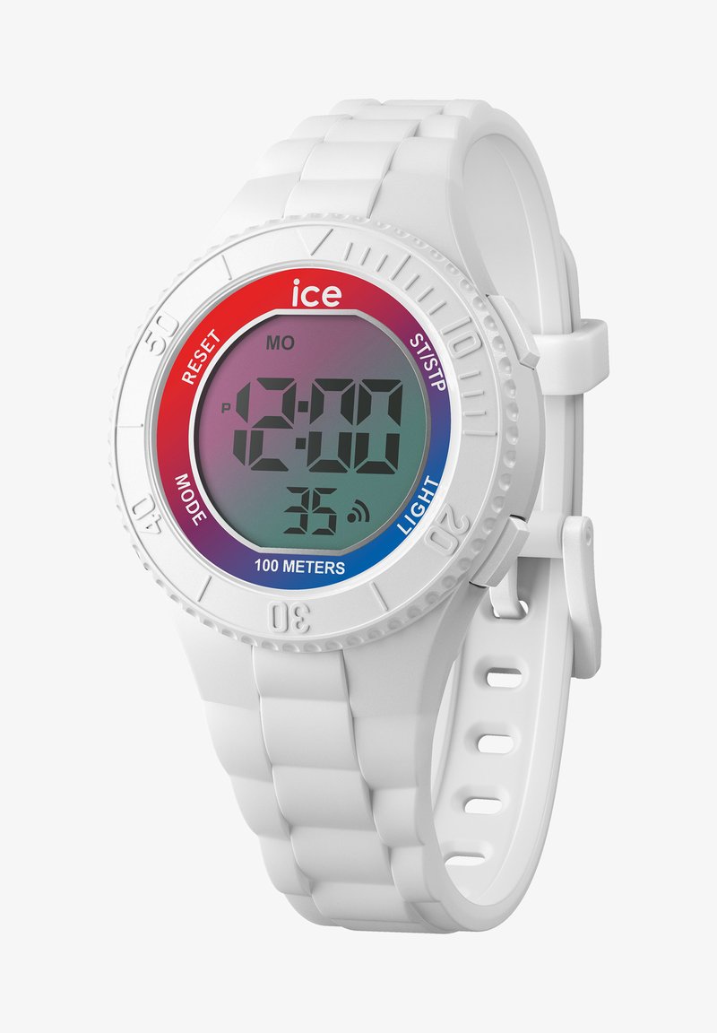 Orologio digitale con cinturino in gomma bianca, dotato di un ampio display LCD. La lunetta presenta una sfumatura di colore dal rosso al blu, che indica la resistenza all'acqua.