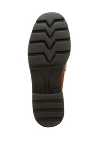 Black rubber outsole with a zigzag tread pattern, featuring a rounded heel and a branded logo. Brown upper section visible at the edge.