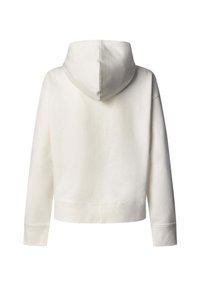 Biela krátka mikina s kapucňou na šnúrku, mäkkou textúrou, rebrovanými manžetami a lemom, s čistým a jednoduchým dizajnom.