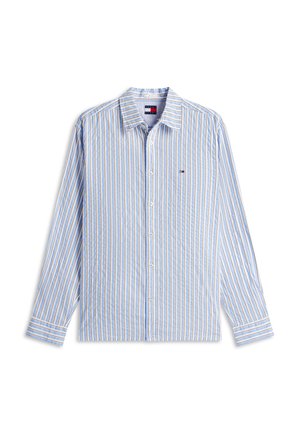 Πουκάμισο με μακρύ μανίκι και κουμπιά, με κάθετες ρίγες σε μπλε, λευκό και μπεζ χρώμα και μικρό λογότυπο Tommy Hilfiger στο στήθος.