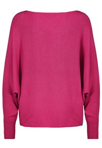 Rosa übergroßer Strickpullover mit weitem Ausschnitt, herunterhängenden Schultern und gerippten Bündchen. Glatte Textur, entspannte Passform und einfarbig.