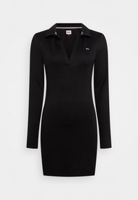 Black long-sleeve dress with a polo collar, featuring a v-neckline and subtle logo detail on the chest. Smooth knit fabric.
