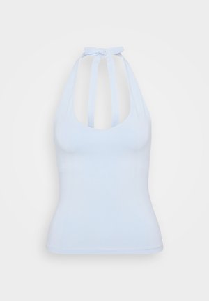 Light blue halter top made of soft, stretchy material with a scoop neck, featuring two back straps tied in a bow for closure.