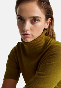 Olivově zelený rolák vyrobený z měkké pleteniny s krátkými rukávy, zdobený žebrovaným límcem a hladkým povrchem.