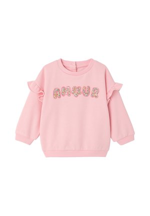 Pink long-sleeve children's sweater with ruffle details on sleeves and "AMOUR" spelled in floral-patterned letters across the chest.