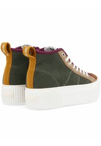 High-top sneakers made of ribbed fabric featuring green, mustard, and burgundy colors, with white platform soles and contrasting laces.