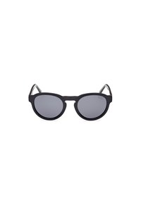 Ochelari de soare negri, rotunzi, cu lentile întunecate, având un cadru din plastic neted și un design minimalist. Accentele includ balamale subțiri din metal.
