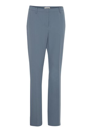 Pantaloni su misura in tessuto morbido grigio-blu, con pancia piatta, vita standard e design a gamba dritta. Texture liscia, senza motivi visibili.
