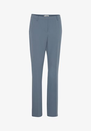 Pantaloni su misura in tessuto morbido grigio-blu, con pancia piatta, vita standard e design a gamba dritta. Texture liscia, senza motivi visibili.