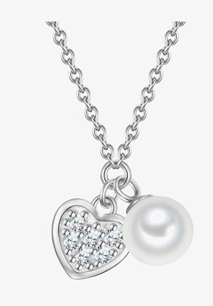 Sølv kæde med en hjerteformet vedhæng prydet med klare ædelstene og en rund hvid perle charme.