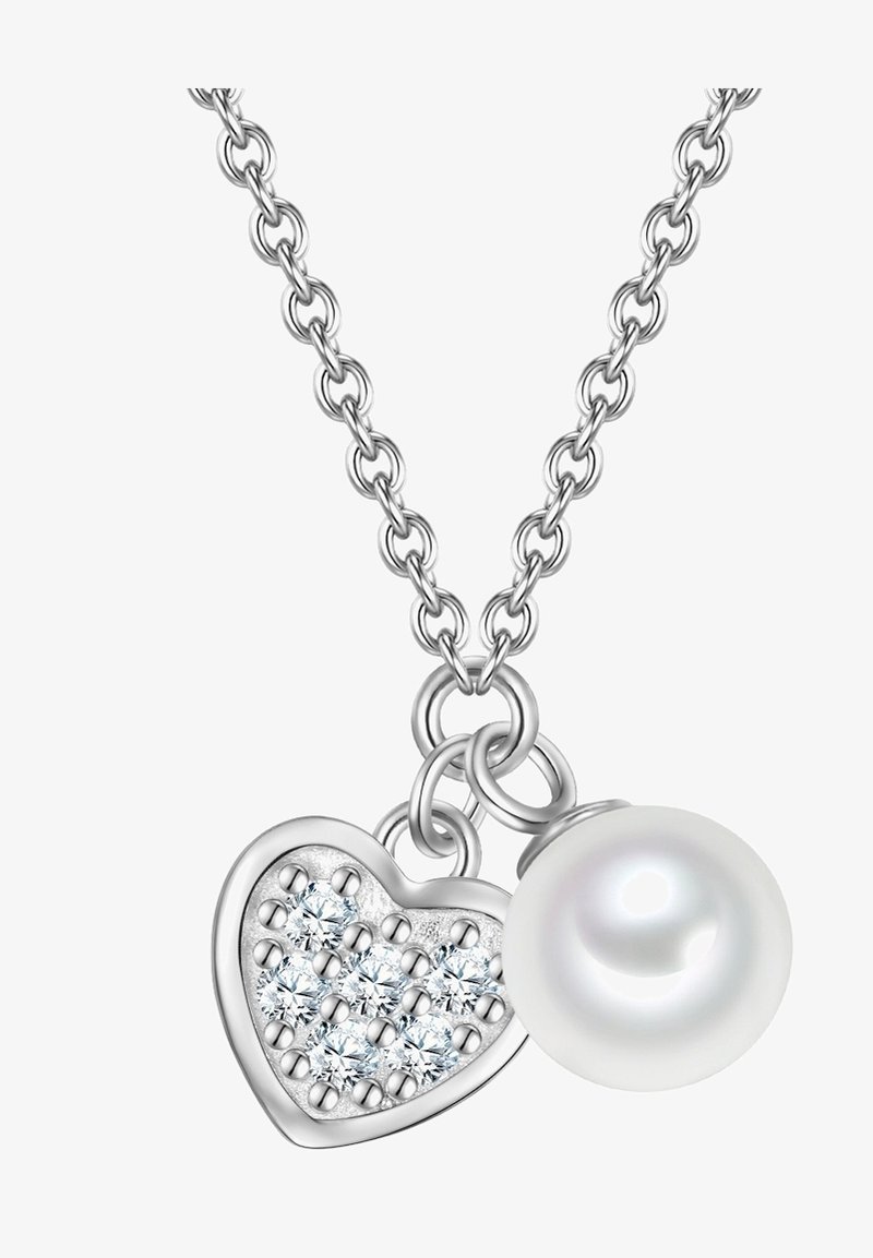 Sølv kæde med en hjerteformet vedhæng prydet med klare ædelstene og en rund hvid perle charme.