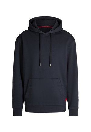 Marineblauwe hoodie van zacht materiaal, met een ruime frontzak, een verstelbare trekkoordcapuchon en ribgebreide manchetten met logo-accent.