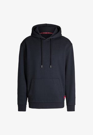 Marineblauwe hoodie van zacht materiaal, met een ruime frontzak, een verstelbare trekkoordcapuchon en ribgebreide manchetten met logo-accent.