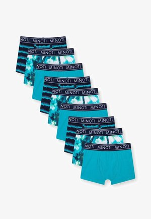 Sada deseti chlapčenských trenýrek v akvamarínové barvě a vzorovaných designech. Obsahuje námořnický elastický pás s logem "MINOTI". Bavlněný materiál, různé vzory.