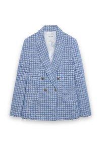 Blazer croisé à carreaux bleus et blancs avec revers crantés, boutons argentés, deux poches avant et tissu texturé.
