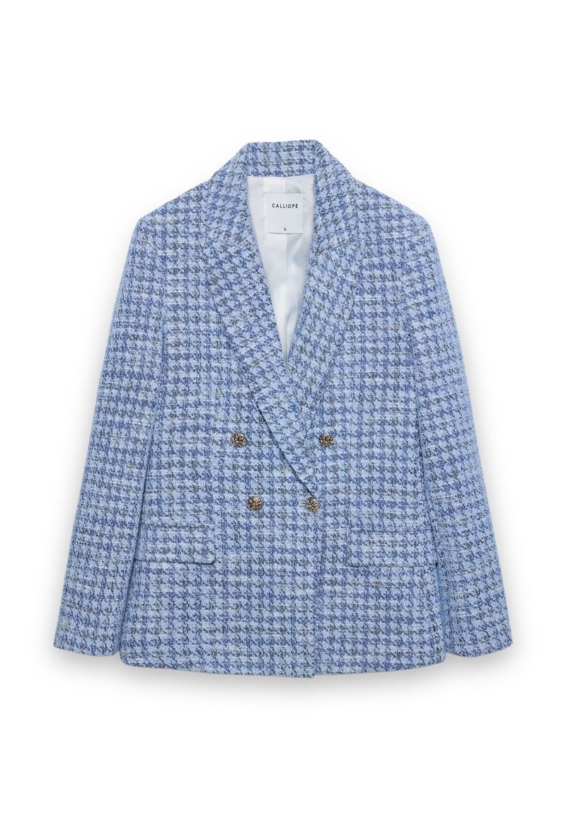 Blazer croisé à carreaux bleus et blancs avec revers crantés, boutons argentés, deux poches avant et tissu texturé.