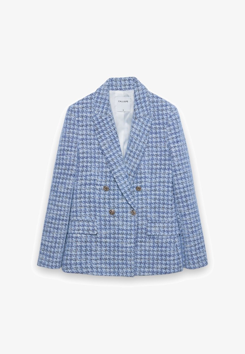 Blau-weiß karierter, doppelt geknöpfter Blazer mit Reverskragen, silbernen Knöpfen, zwei Fronttaschen und strukturierter Stoff.