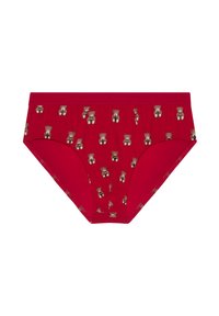 Røde bomuldsstrømper med et legende print af en teddybjørn i flere positioner. Inkluderer elastisk talje og en glat tekstur for komfort.