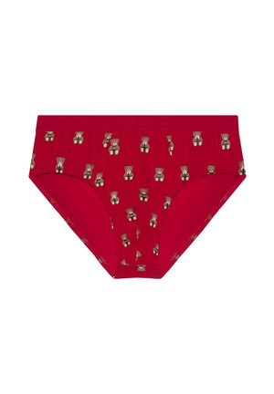 Rote Baumwollslips mit einem verspielten Bärenmotiv in verschiedenen Posen. Inklusive elastischem Bund und glatter Textur für Komfort.