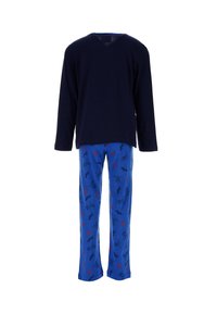 Navy long-sleeve top with a V-neck; blue pajama pants featuring a playful pattern with bicycles, red accents, and a soft texture.