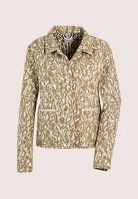 Beige- und weiße Leopardenmusterjacke mit Kragen, zwei vorderen Knöpfen und zwei Taschen, auf neutralem Hintergrund präsentiert.