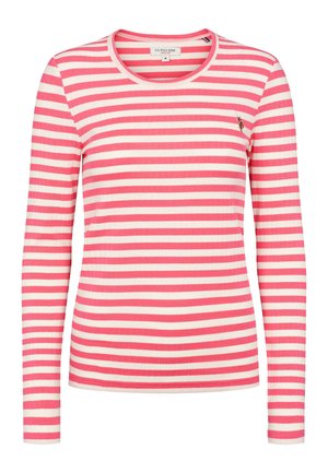 Langärmeliges, geripptes Oberteil mit rosa-weißen, horizontalen Streifen, versehen mit einem kleinen, auf der Brust gestickten Logo und einem Rundhalsausschnitt.