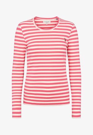 Pikad varrukad, soonikust top roosade ja valgete horisontaalsete triipudega, väikese tikitud logoga rinnal ja ümar kaelus.