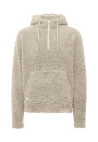 Beige fleece hoodie with a textured, plush exterior, front pouch pocket, and half-zipper neckline. Drawstrings and ribbed cuffs included.