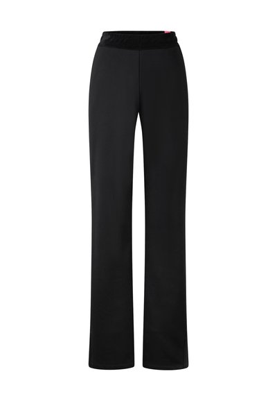 Black pants with a wide leg design, made of smooth fabric, featuring a black elastic waistband. No patterns or accents visible.