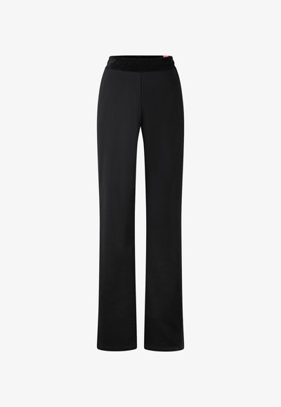 Black pants with a wide leg design, made of smooth fabric, featuring a black elastic waistband. No patterns or accents visible.