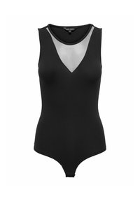 Sort bodysuit med ærmeløs design, der har en dyb V-udskæring og gennemsigtig mesh-panel ved brystet. Glat stof med en tætsiddende silhuet.