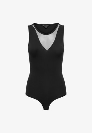 Zwarte bodysuit met een mouwloos ontwerp, voorzien van een diepe V-hals en een doorschijnend mesh paneel op de borst. Glad materiaal met een getailleerde pasvorm.