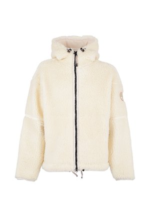 Kurtka polarowa w kremowym kolorze z przednim zamkiem błyskawicznym, kapturem i czarnymi akcentami. Charakteryzuje się pluszową strukturą i widocznym logo na jednym z rękawów.