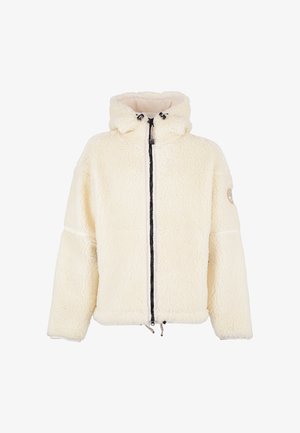 Kurtka polarowa w kremowym kolorze z przednim zamkiem błyskawicznym, kapturem i czarnymi akcentami. Charakteryzuje się pluszową strukturą i widocznym logo na jednym z rękawów.