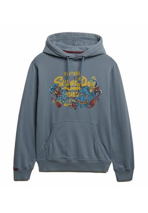Grå hoodie lavet af bomuld, med en frontkangaroo lomme, snoretræk i hætten og farverig grafisk print med blomster- og dyremotiver.