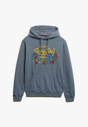 Grå hoodie lavet af bomuld, med en frontkangaroo lomme, snoretræk i hætten og farverig grafisk print med blomster- og dyremotiver.